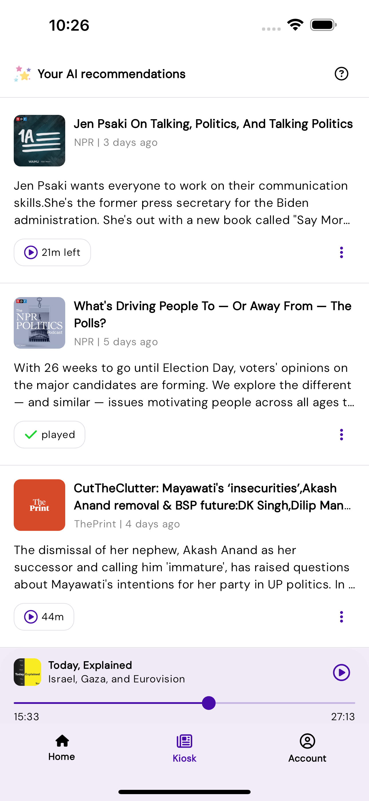 Kiosk discovery feed with AI recommendations
